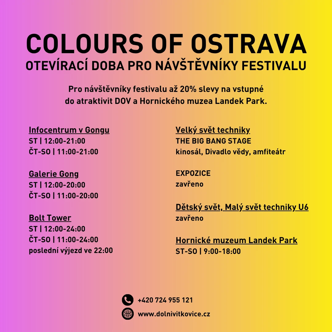 Otevírací doba související s konáním festivalu Colours of Ostrava (13. 7. – 19. 7. 2026) – Dolní Vítkovice